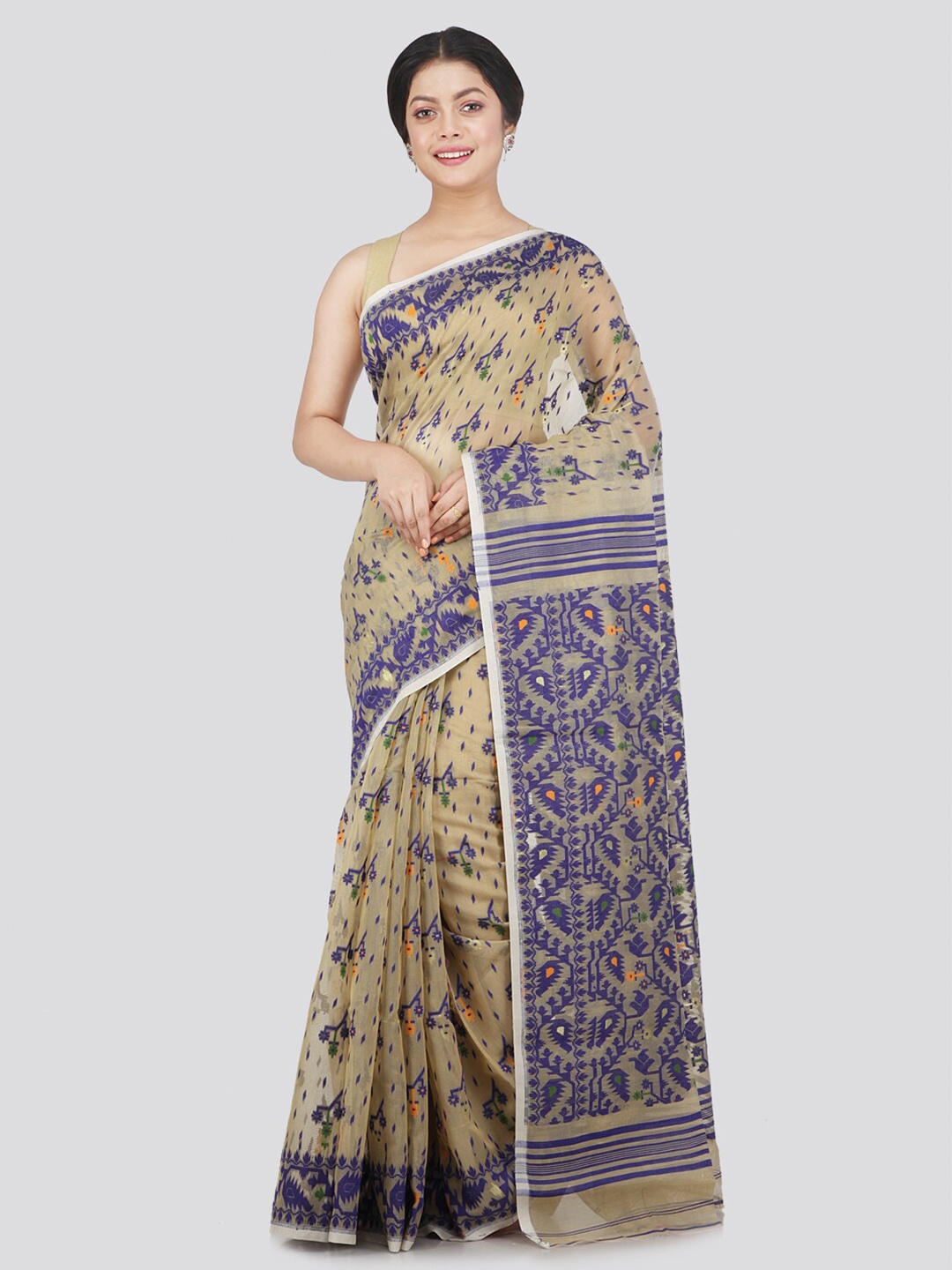 

PinkLoom Beige & Blue Woven Design Pure Cotton Jamdani Saree