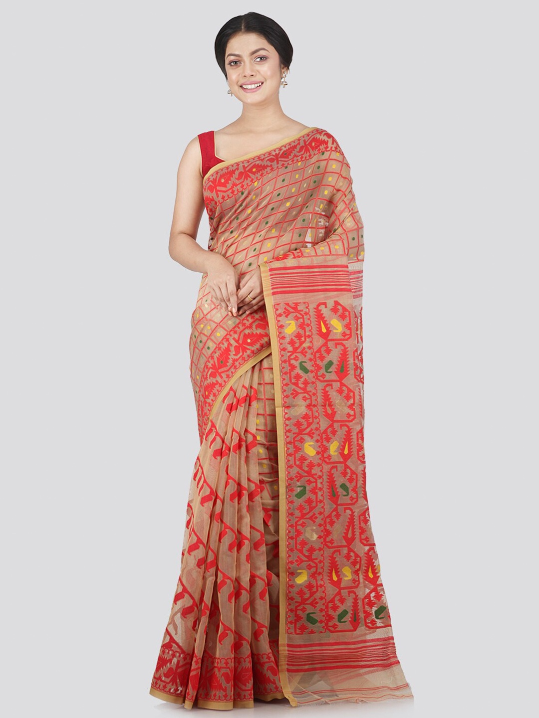 

PinkLoom Beige & Red Woven Design Pure Cotton Jamdani Saree