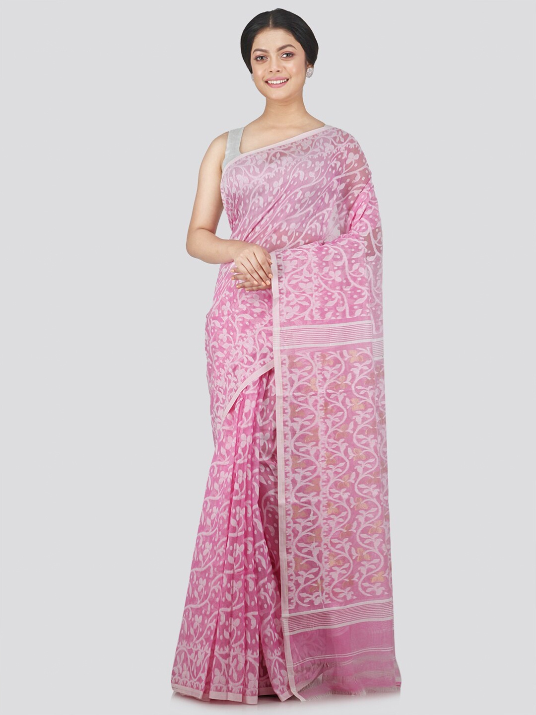 

PinkLoom Pink & White Woven Design Pure Cotton Jamdani Saree