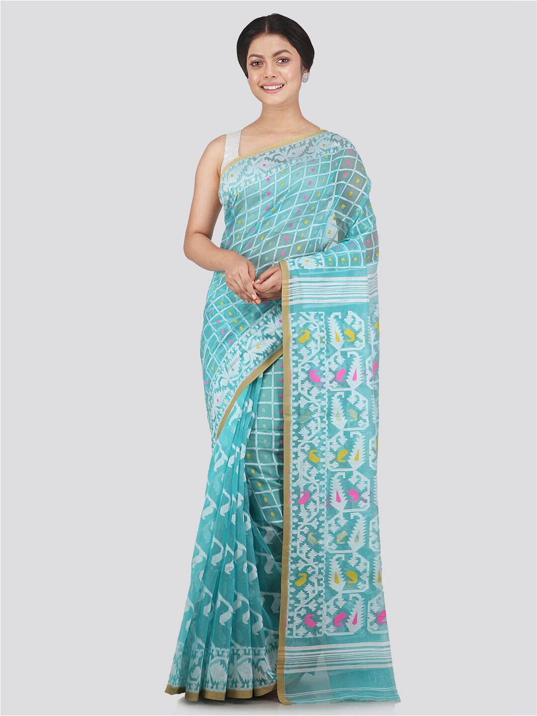 

PinkLoom Sea Green & Yellow Woven Design Pure Cotton Jamdani Saree