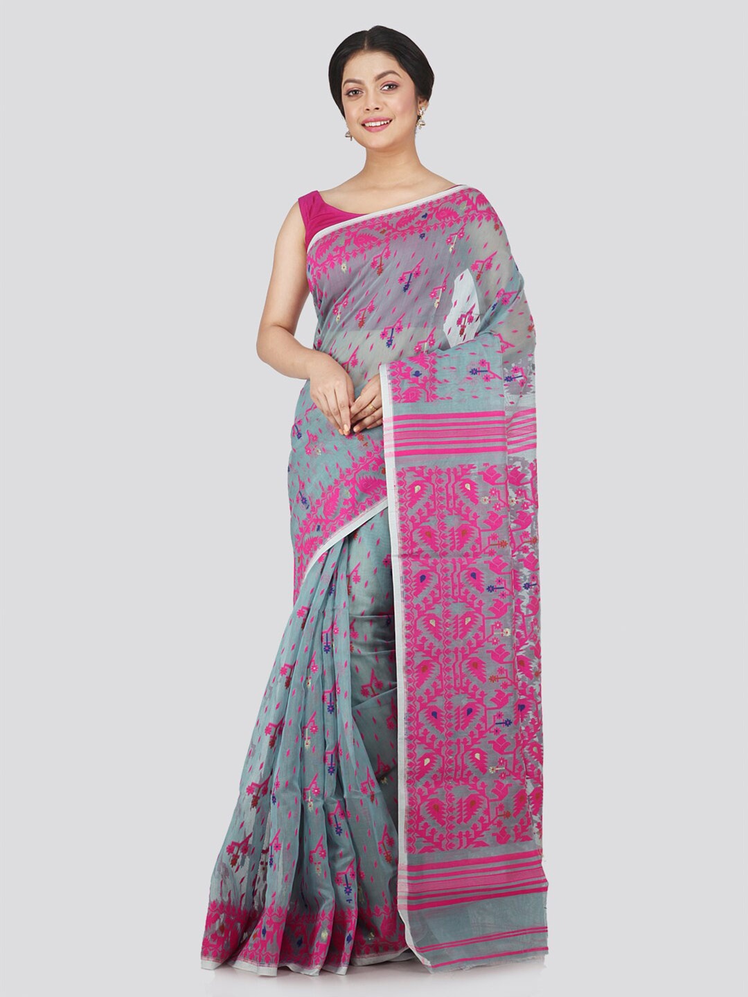 

PinkLoom Grey & Magenta Woven Design Pure Cotton Jamdani Saree