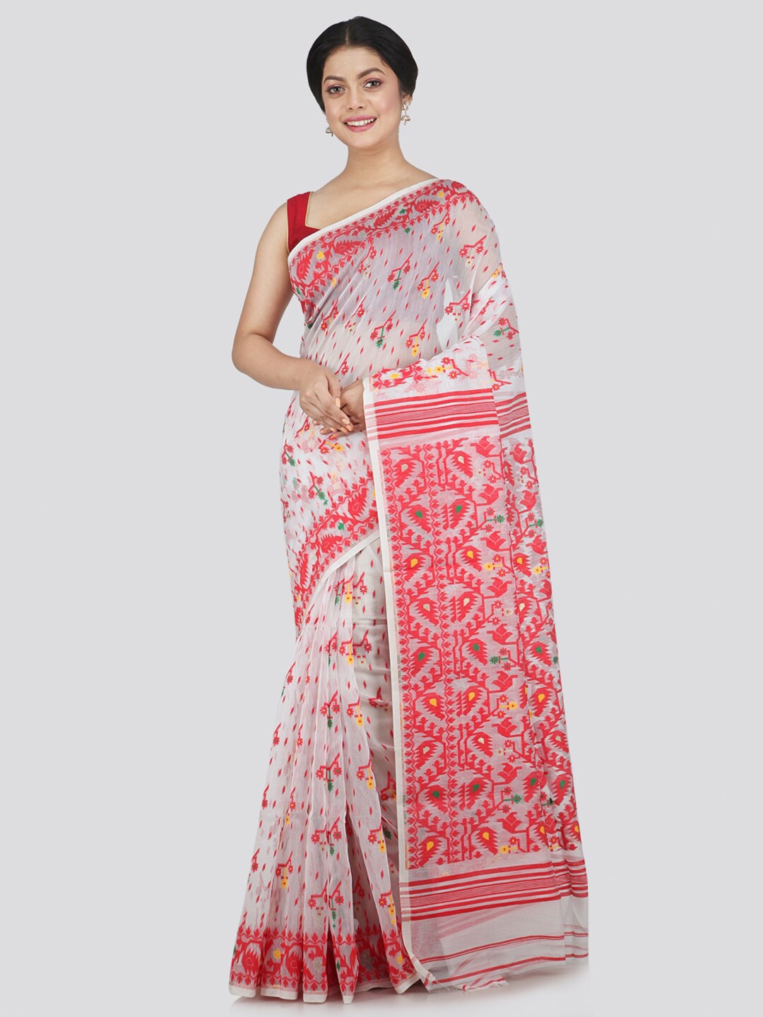 

PinkLoom White & Red Woven Design Pure Cotton Jamdani Saree