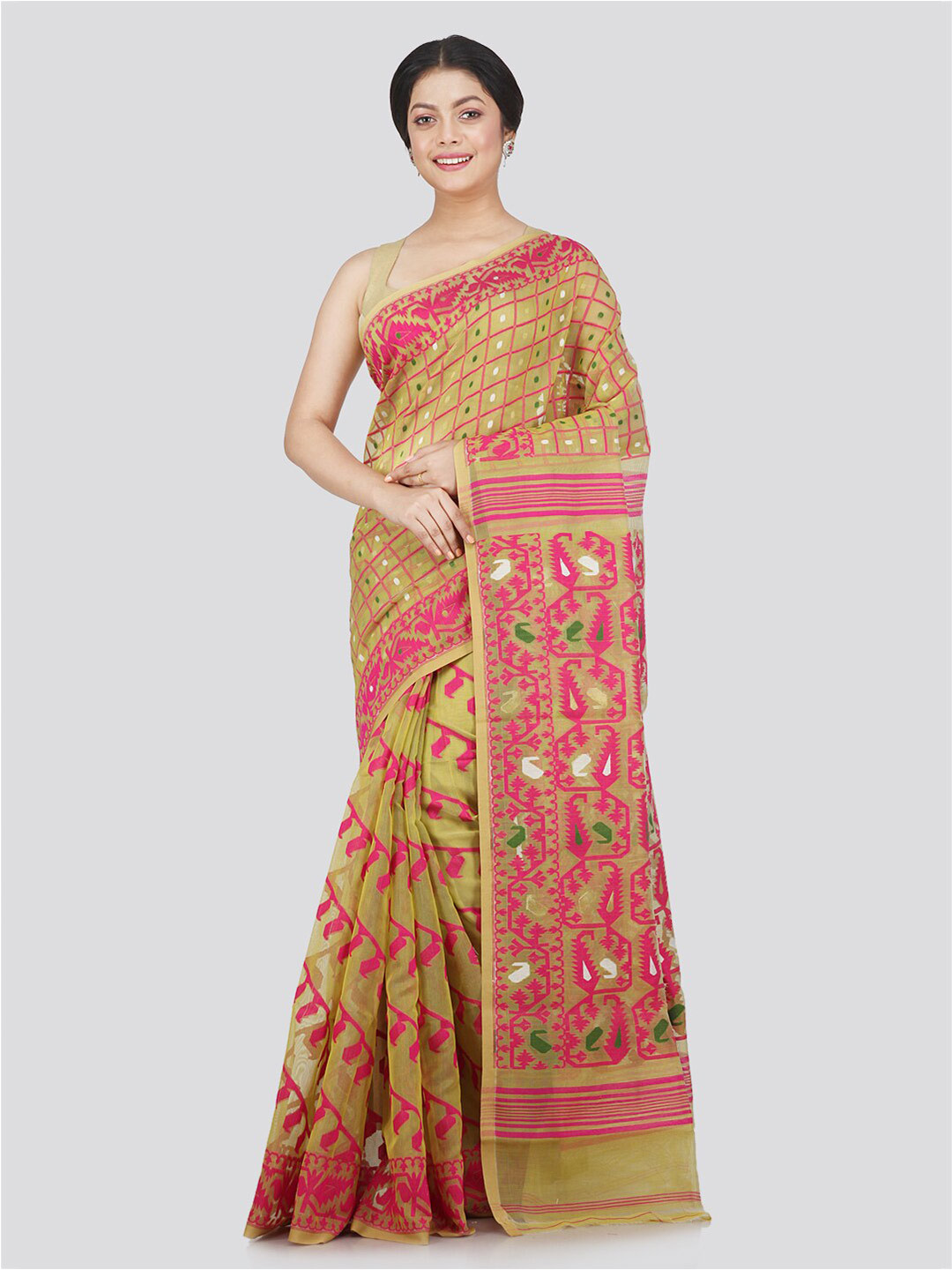 

PinkLoom Yellow & Pink Woven Design Pure Cotton Jamdani Saree