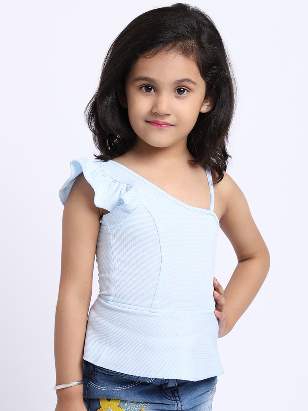 

ELEVANTO Girls Blue Solid One Shoulder Peplum Top