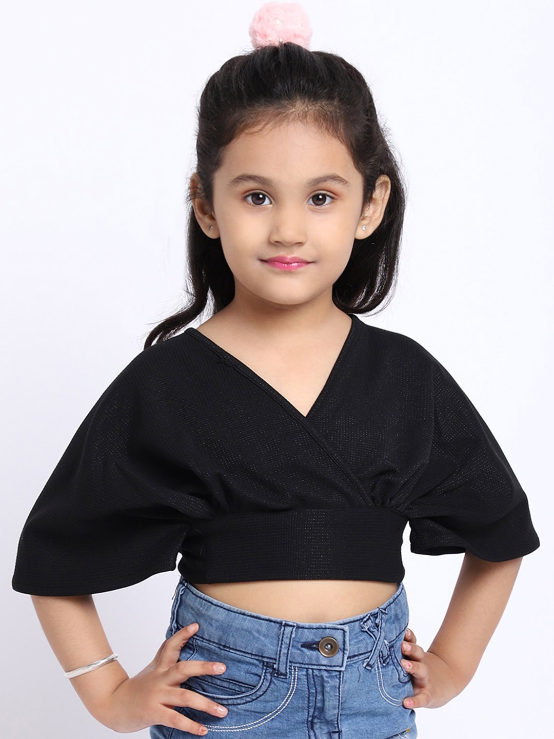 

ELEVANTO Girls Black Solid Wrap Crop Top