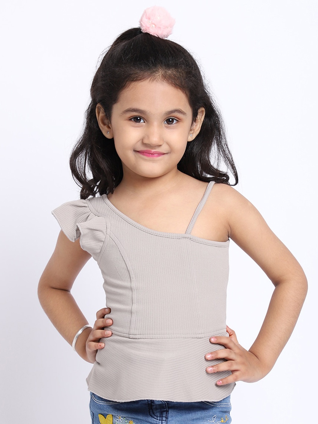 

ELEVANTO Girls Grey Solid One Shoulder Peplum Top