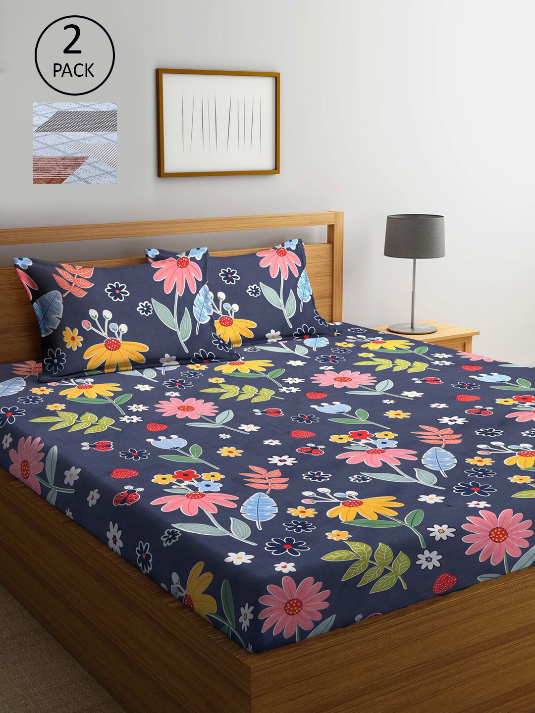 

KLOTTHE Blue & Grey Floral 210 TC 2 King Bedsheet with 4 Pillow Covers