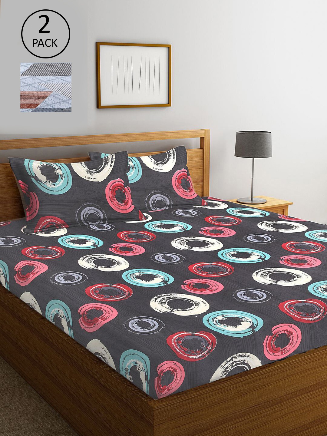 

KLOTTHE Grey & Brown Geometric 210 TC Set Of 2 King Bedsheet with 4 Pillow Covers
