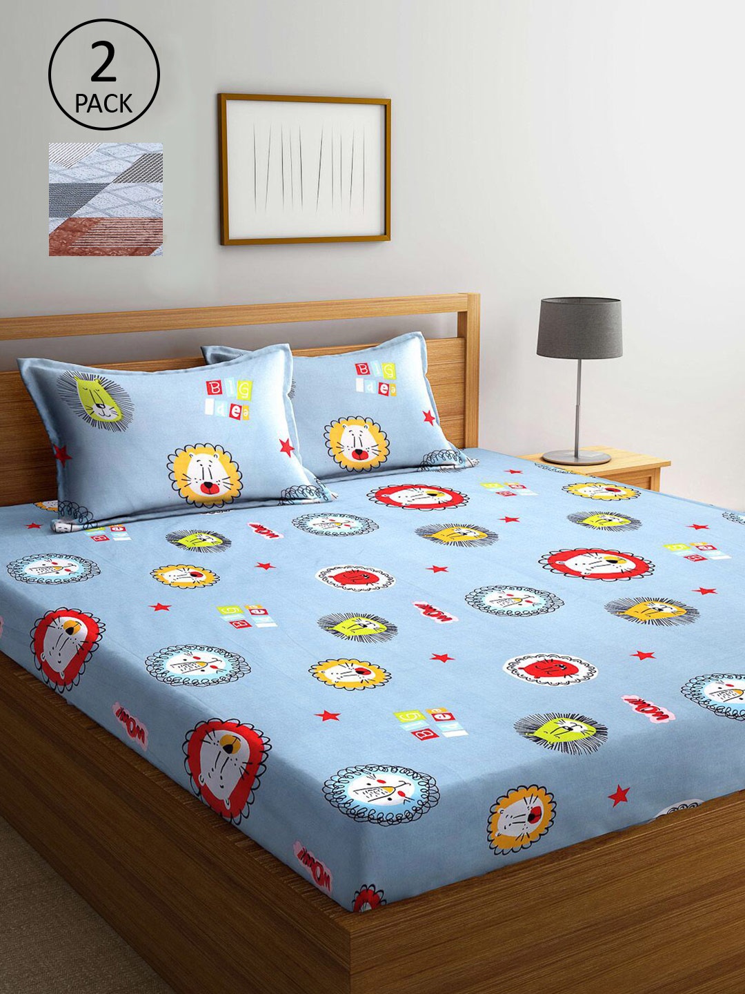 

KLOTTHE Blue & Grey Cartoon Characters 210 TC 2 King Bedsheet with 4 Pillow Covers