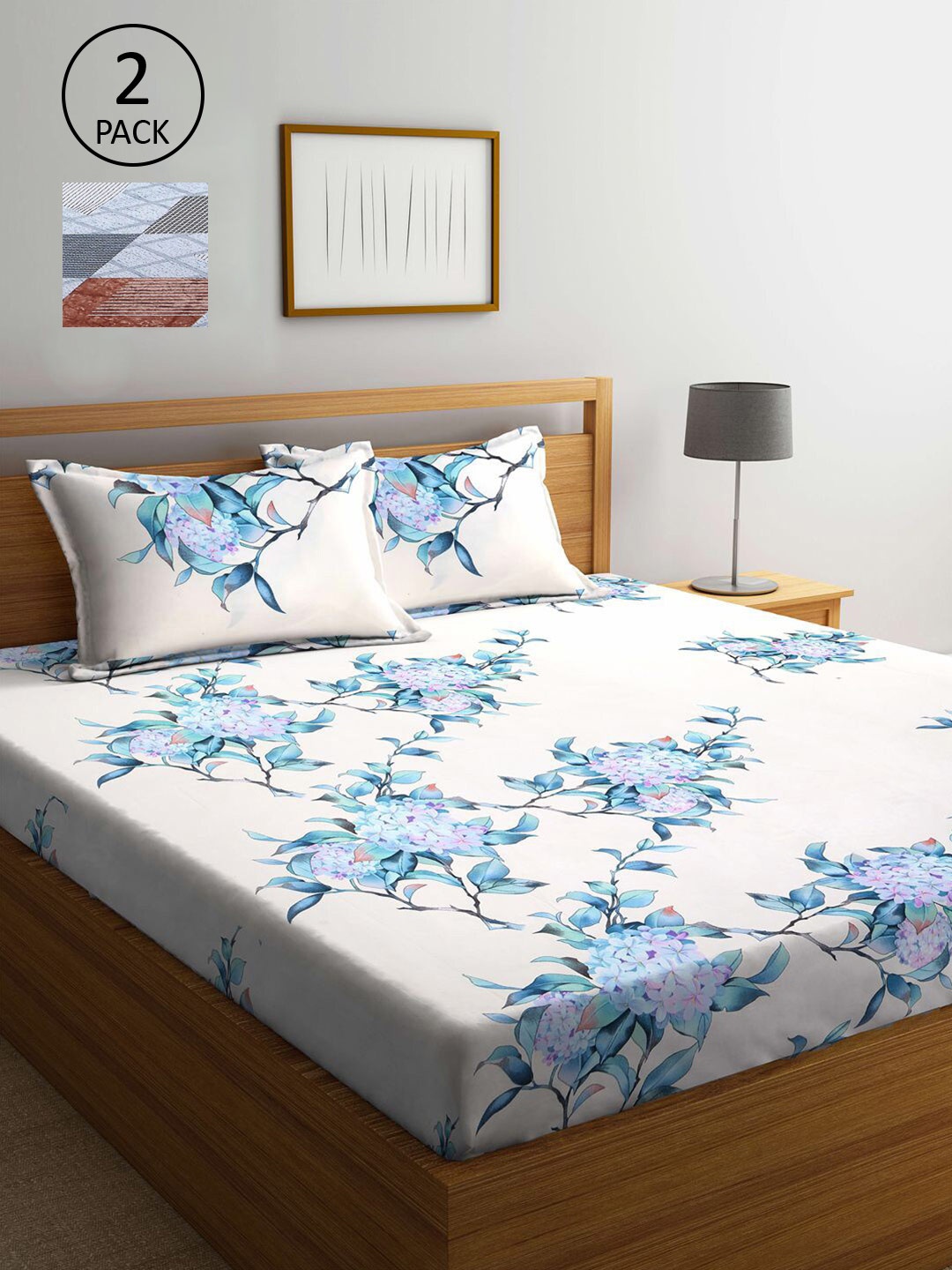 

KLOTTHE White & Blue Floral 210 TC Set Of 2 King Bedsheet with 4 Pillow Covers