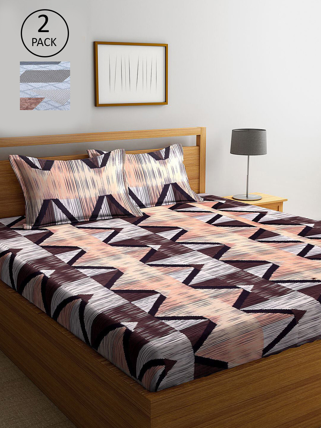 

KLOTTHE Peach-Coloured & Blue Geometric 210 TC Set Of 2 King Bedsheet with 4 Pillow Covers