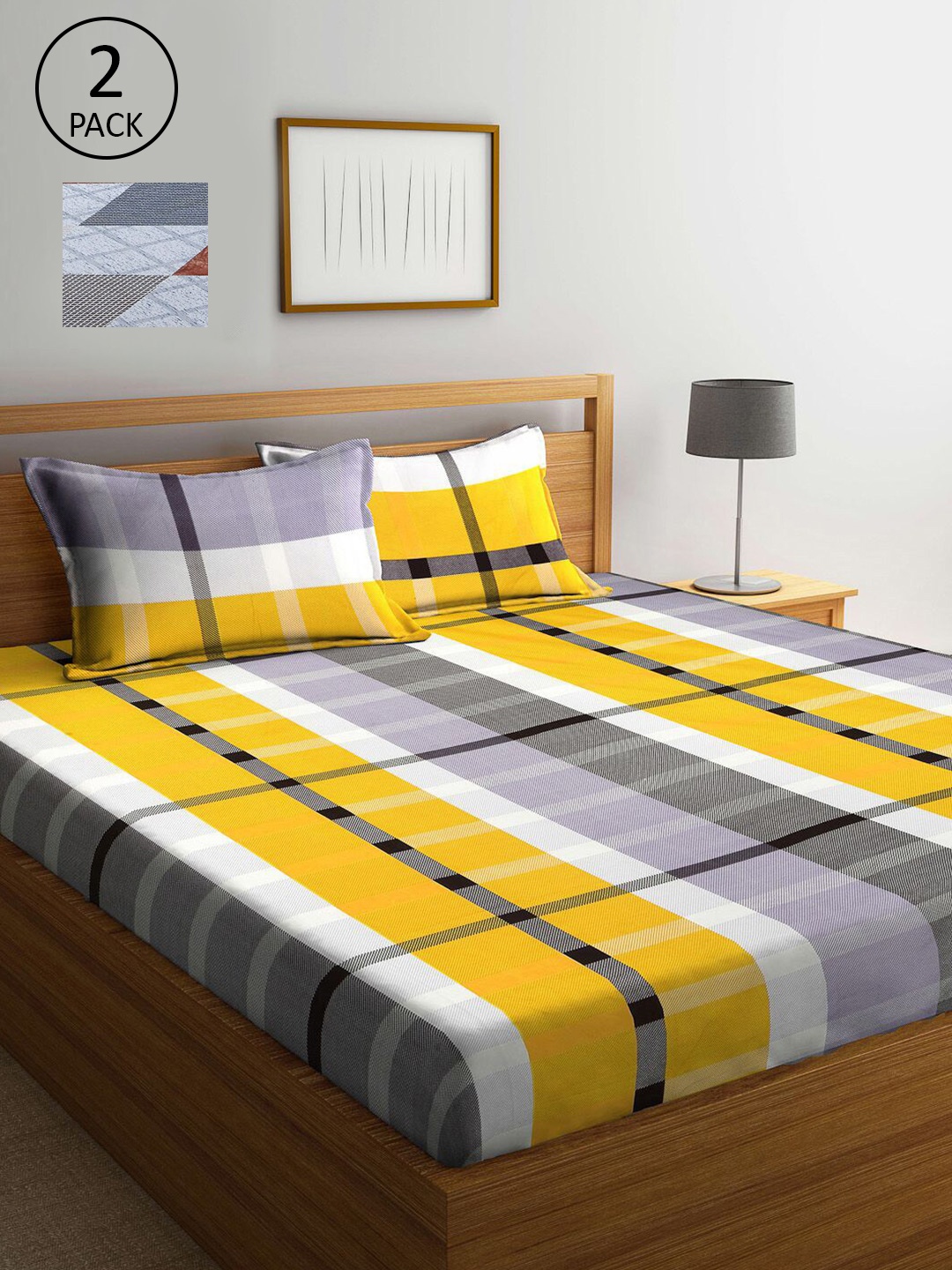 

KLOTTHE Grey & Yellow Geometric 210 TC 2 King Bedsheet with 4 Pillow Covers