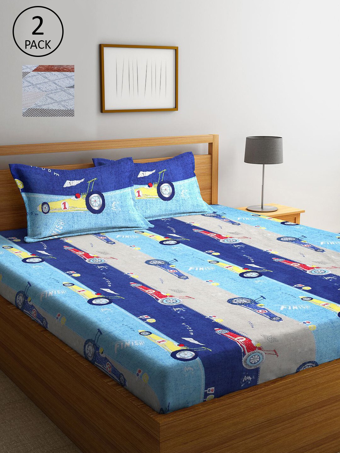 

KLOTTHE Blue & Grey Cartoon Characters 210 TC 2 King Bedsheets with 4 Pillow Covers
