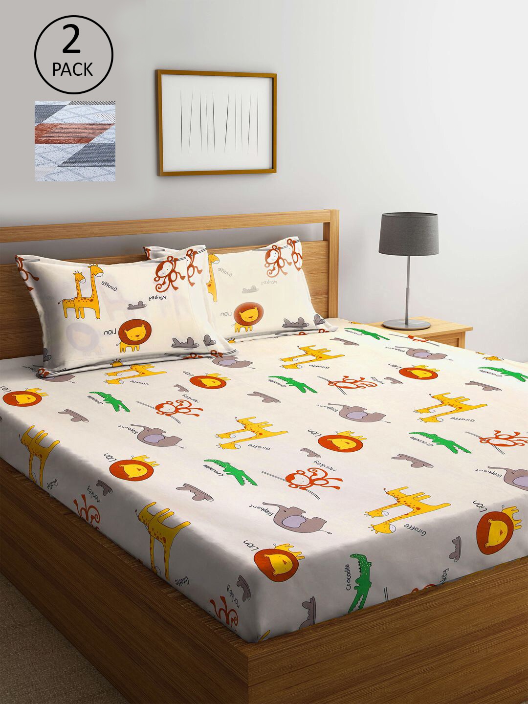 

KLOTTHE Cream-Coloured & Grey Cartoon Characters 210 TC Set Of 2 King Bedsheet with 4 Pillow Covers