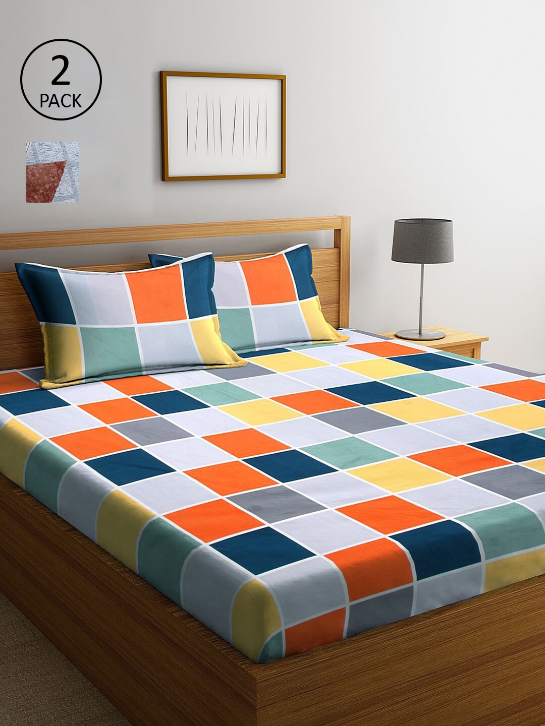 

KLOTTHE Grey & Orange Geometric 210 TC Set Of 2 King Bedsheet with 4 Pillow Covers