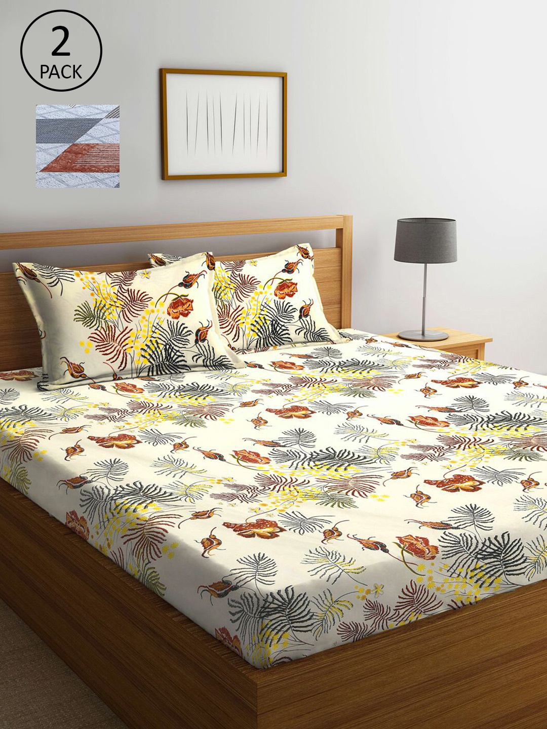 

KLOTTHE Grey & Yellow Floral 210 TC 2 King Bedsheet with 4 Pillow Covers