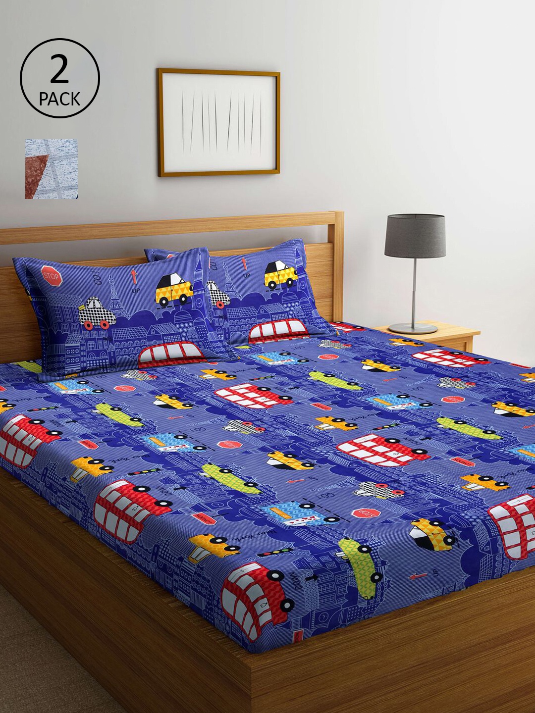 

KLOTTHE Blue & Grey Geometric 210 TC Set Of 2 King Bedsheet with 4 Pillow Covers