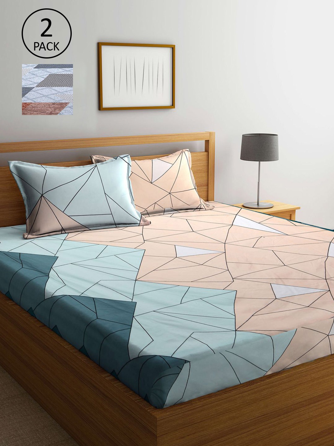 

KLOTTHE Grey & Blue Geometric 210 TC Set Of 2 King Bedsheet with 4 Pillow Covers