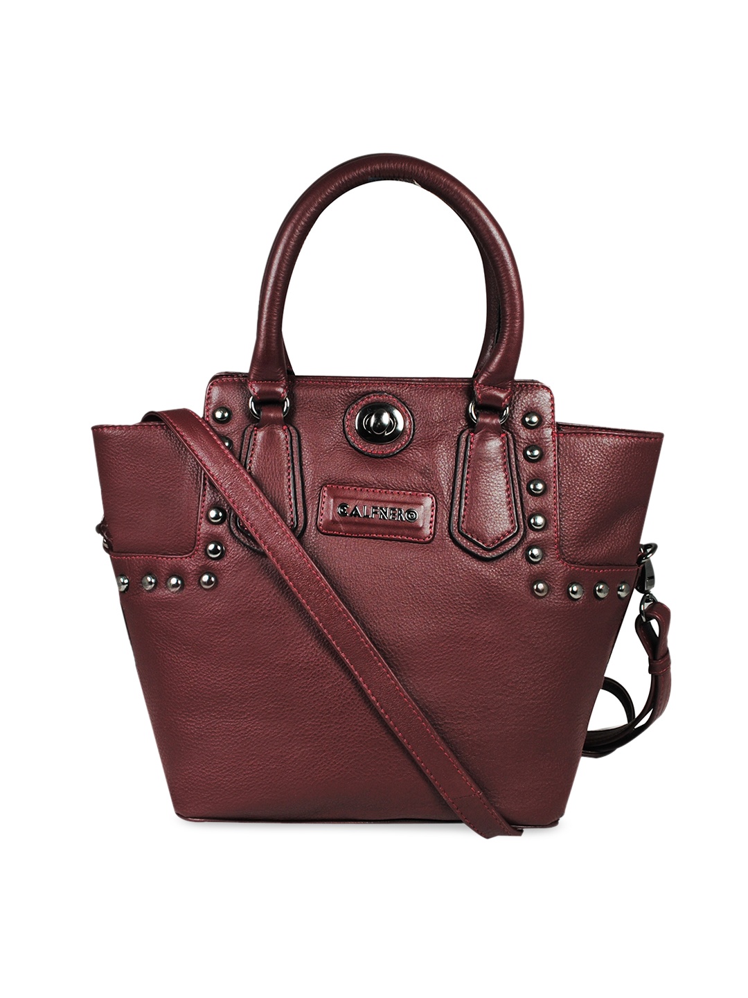 

CALFNERO Brown Embellished Leather Structured Shoulder Bag