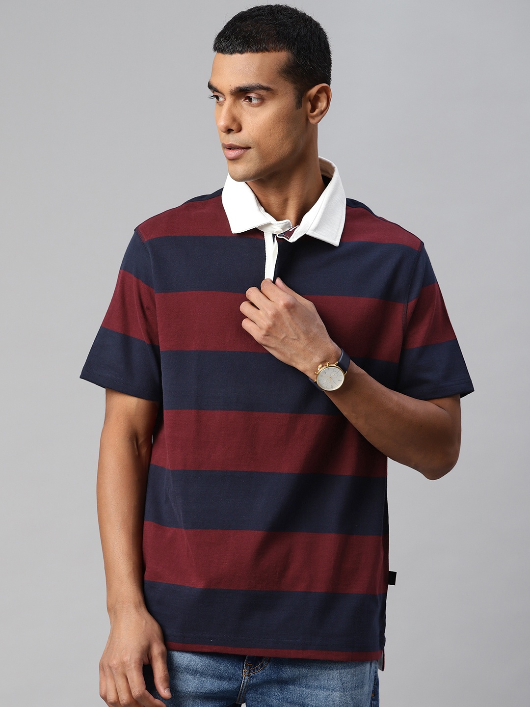 

Marks & Spencer Men Maroon & Navy Blue Striped Polo Collar Pure Cotton T-shirt
