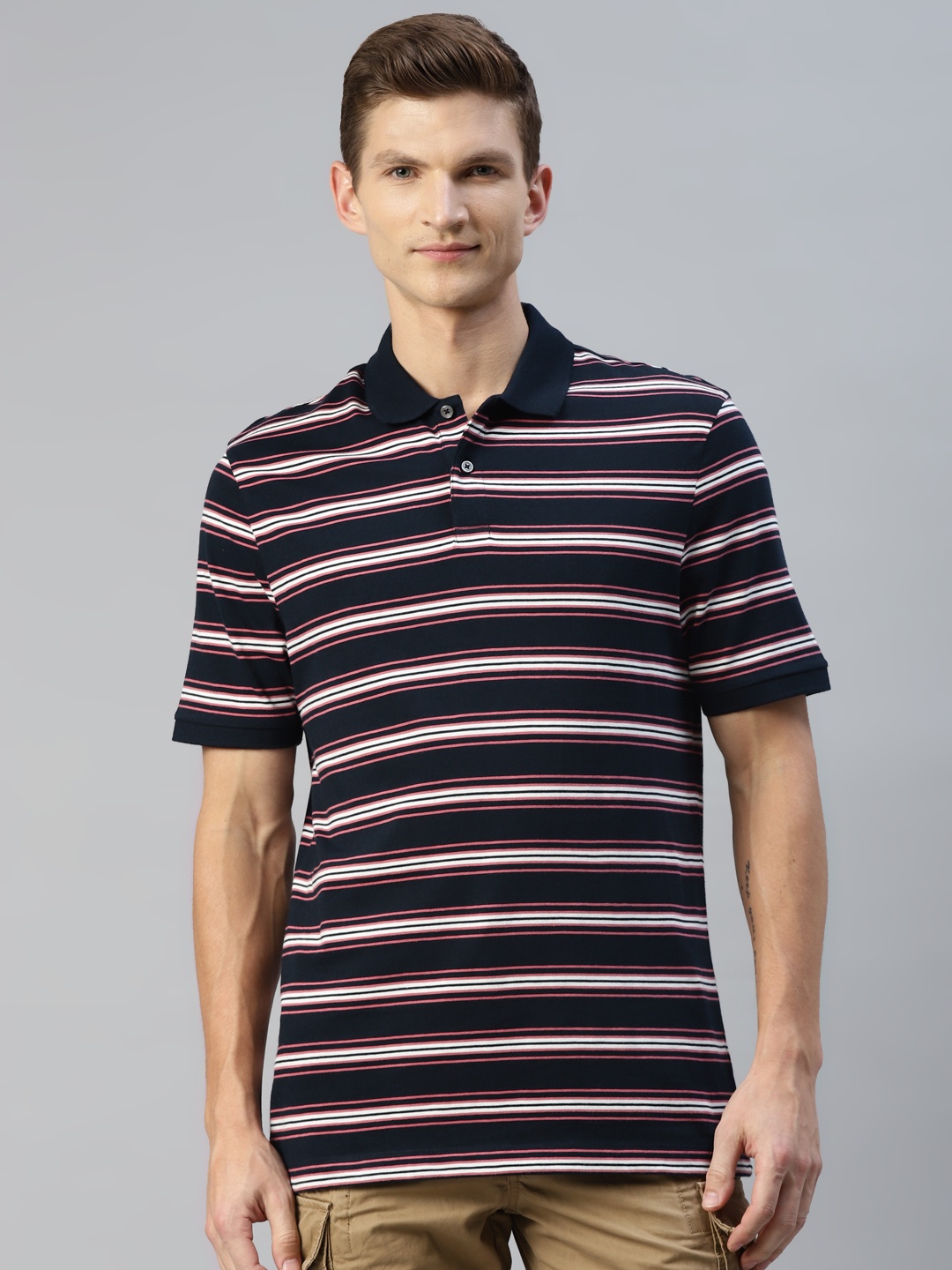 

Marks & Spencer Men Navy Blue & White Striped Polo Collar Pure Cotton T-shirt