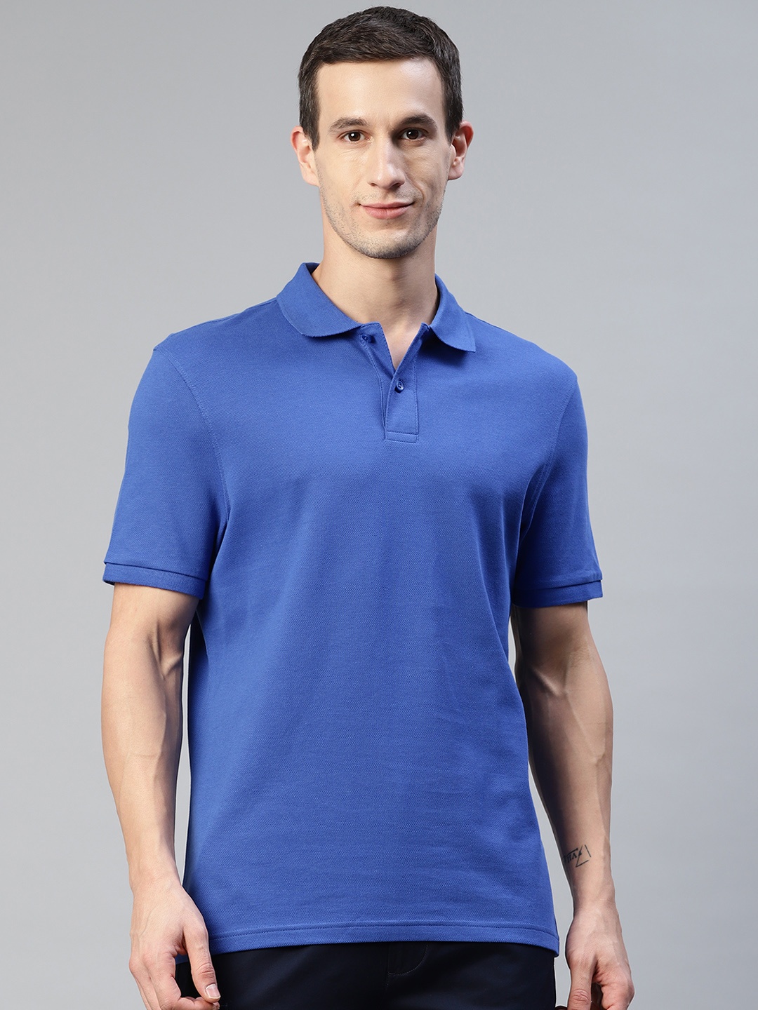 

Marks & Spencer Men Blue Solid Polo Collar Pure Cotton T-shirt