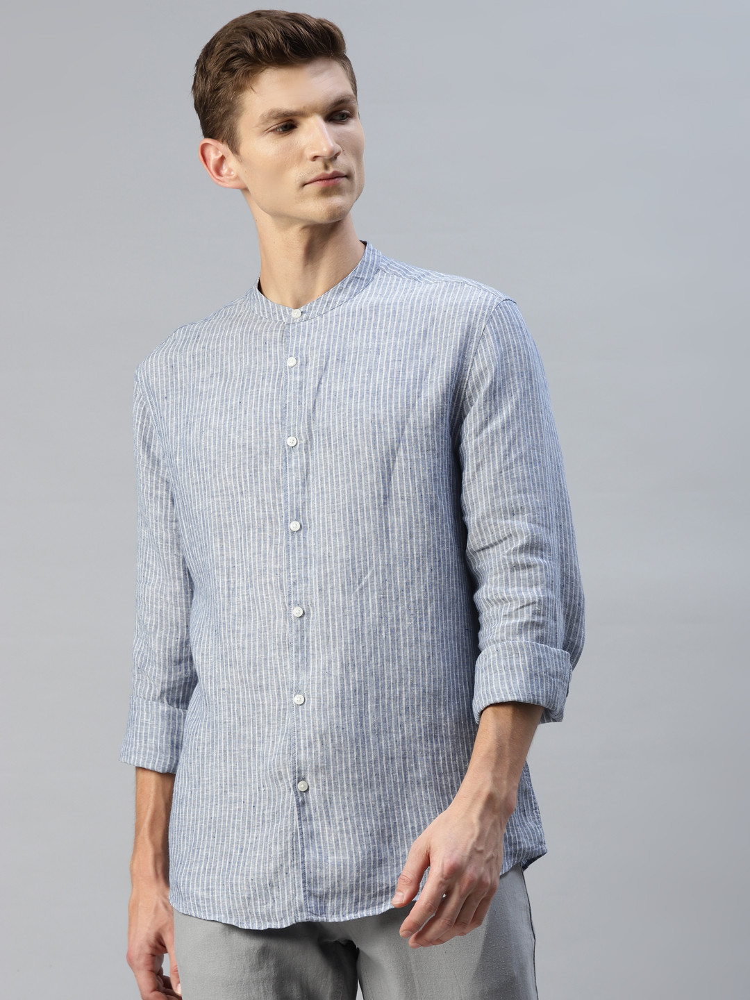 

Marks & Spencer Men Blue & White Striped Linen Casual Shirt