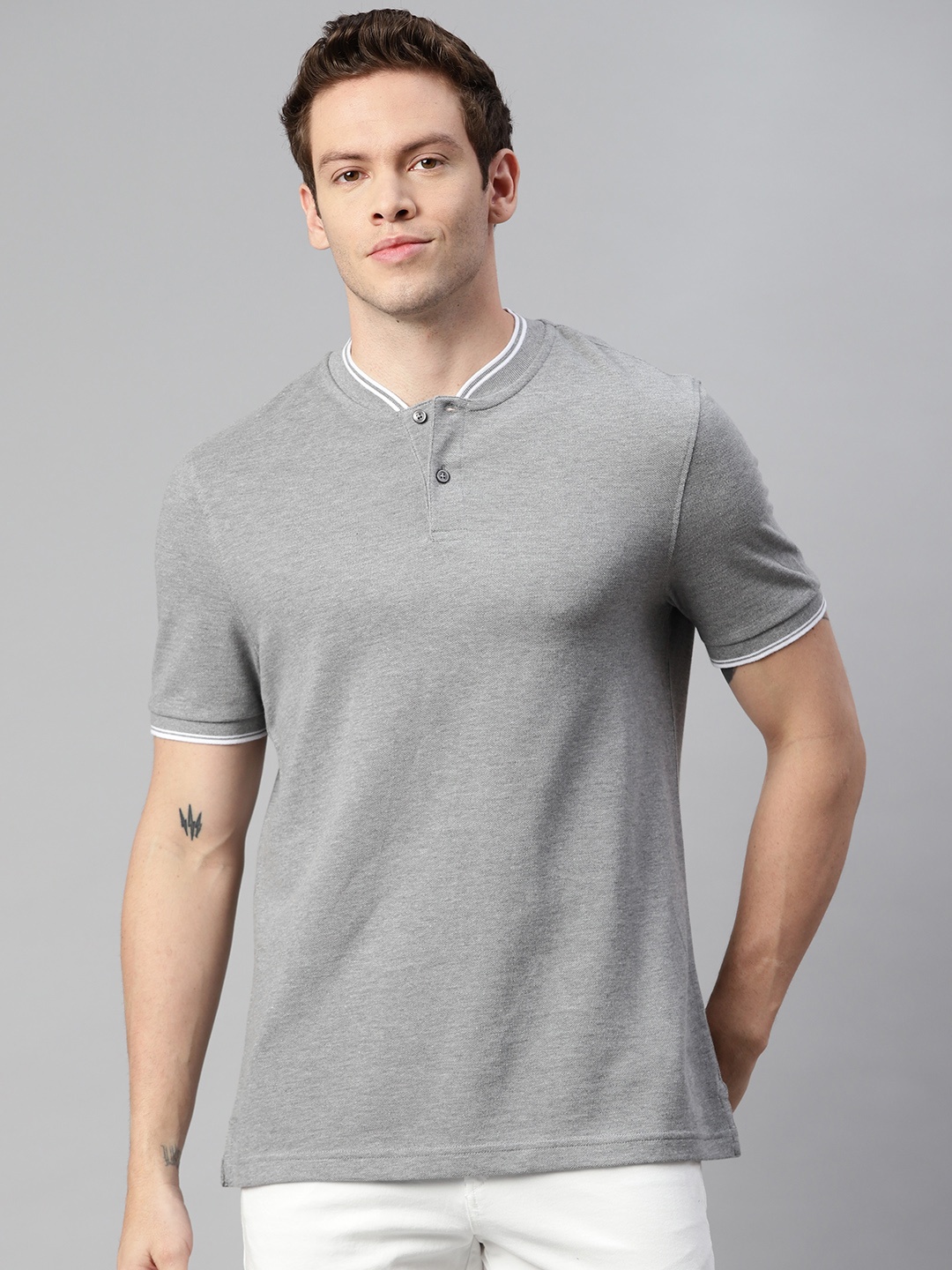 

Marks & Spencer Men Grey Melange Mandarin Collar Pure Cotton T-shirt