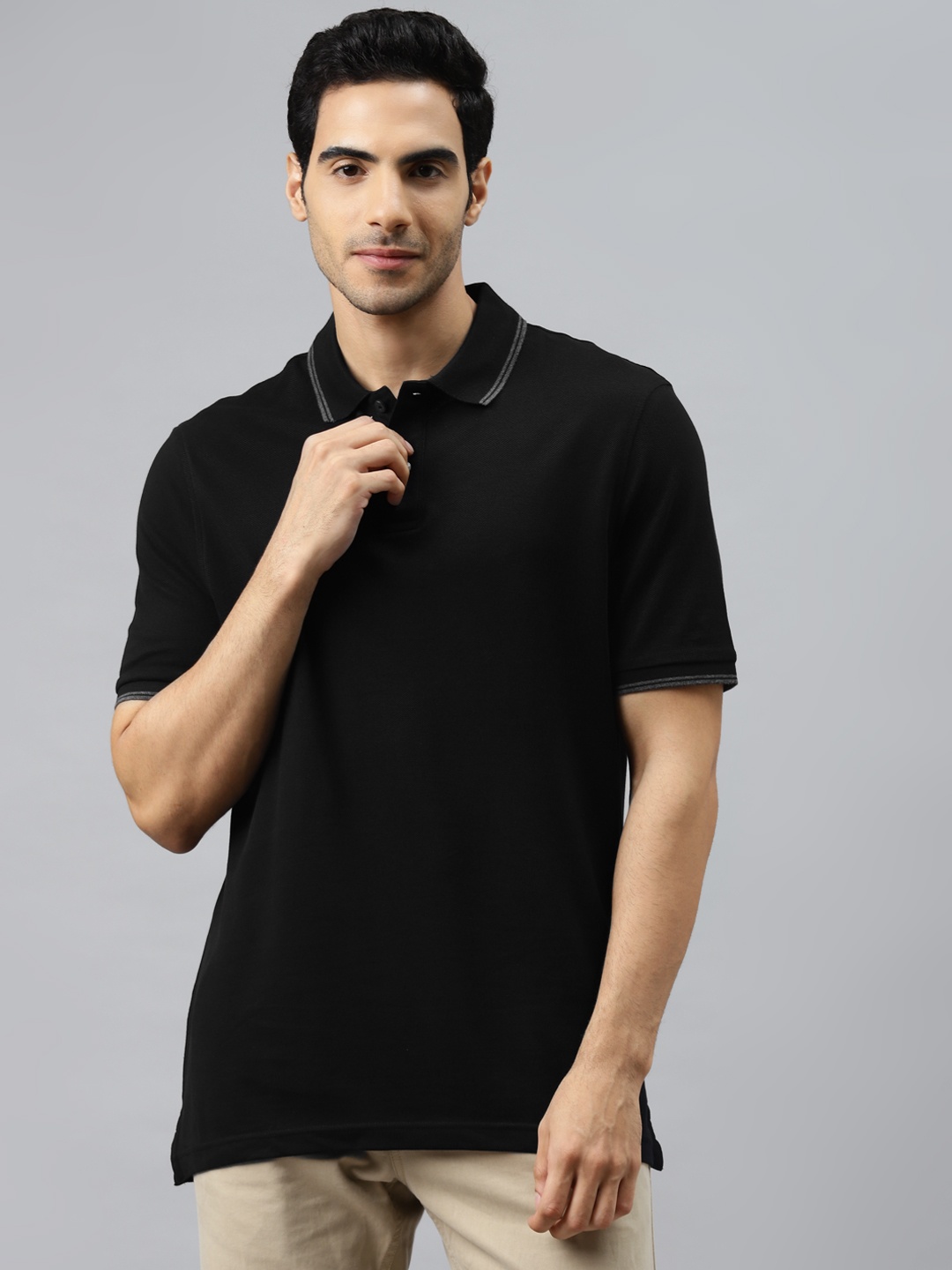 

Marks & Spencer Men Black Solid Pure Cotton Polo Collar Pure Cotton T-shirt