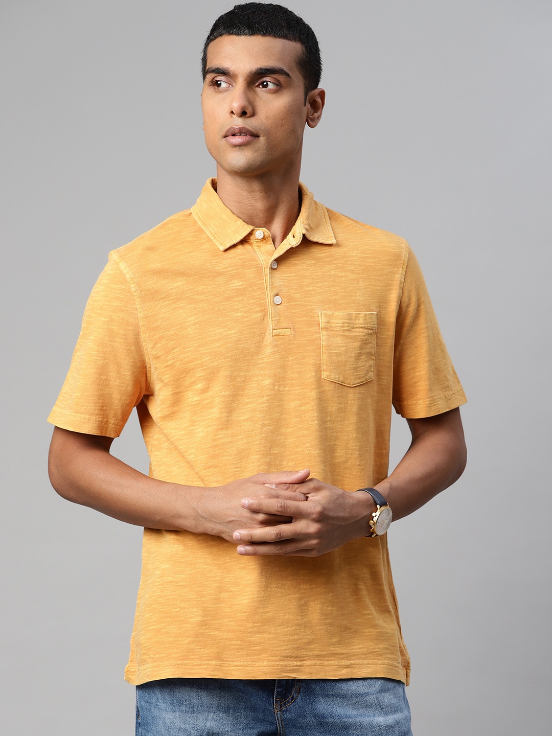 

Marks & Spencer Men Mustard Yellow Polo Collar Pure Cotton T-shirt