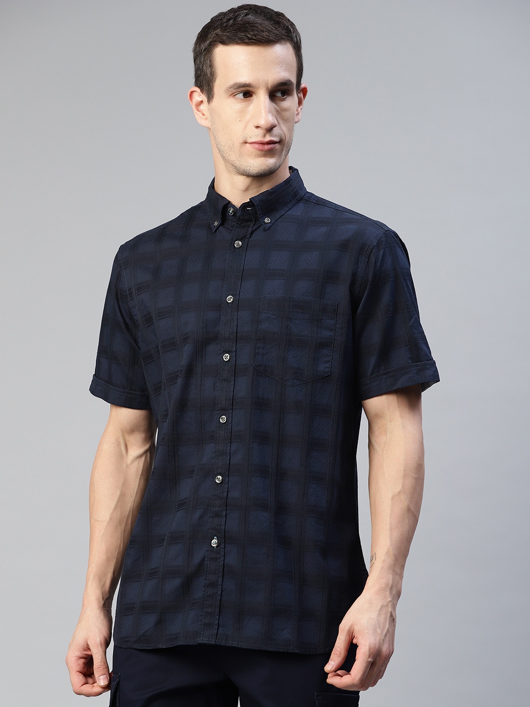 

Marks & Spencer Men Navy Blue Tartan Checked Cotton Casual Shirt