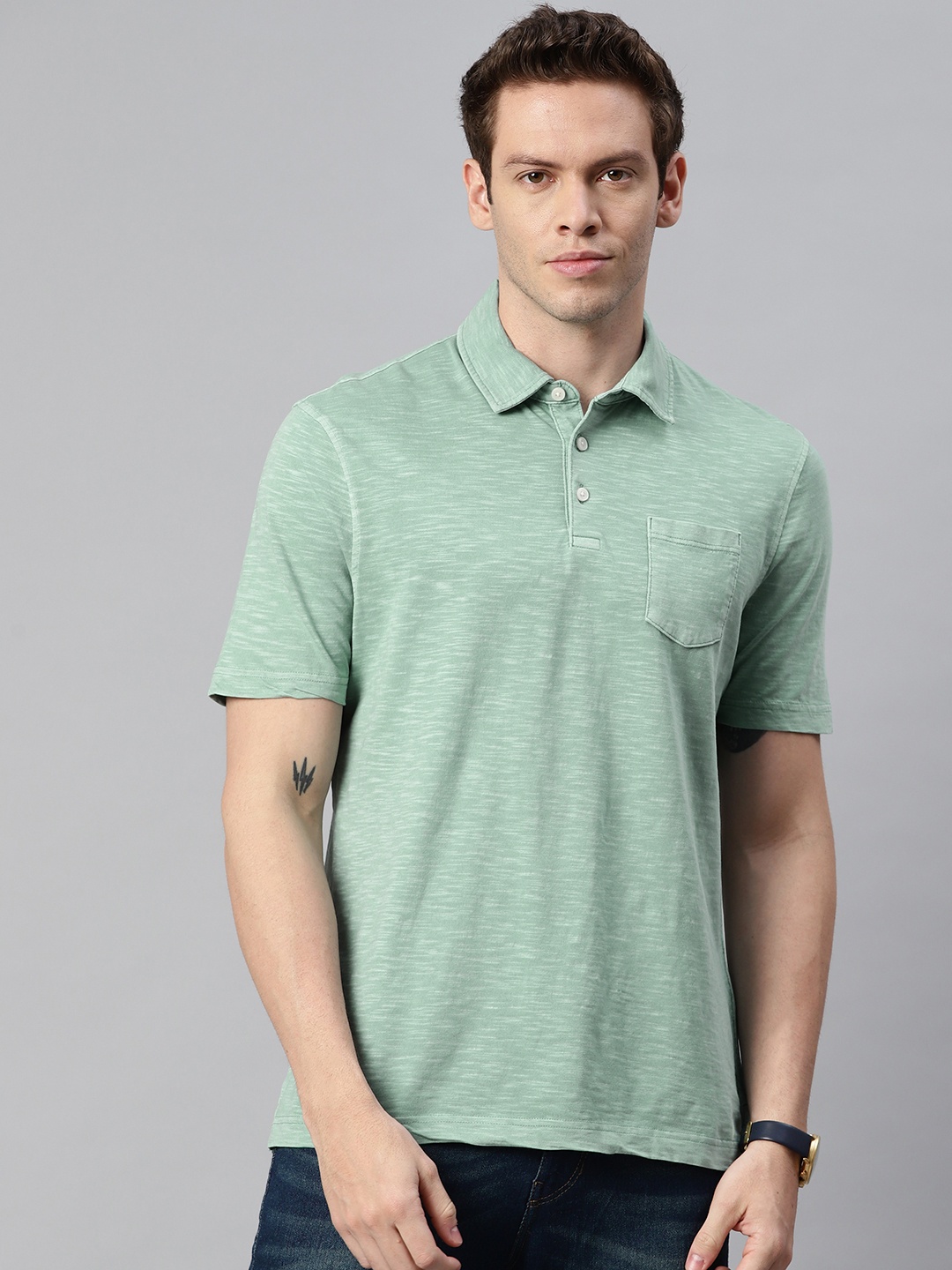 

Marks & Spencer Men Green Melange Effect Polo Collar Pure Cotton T-shirt