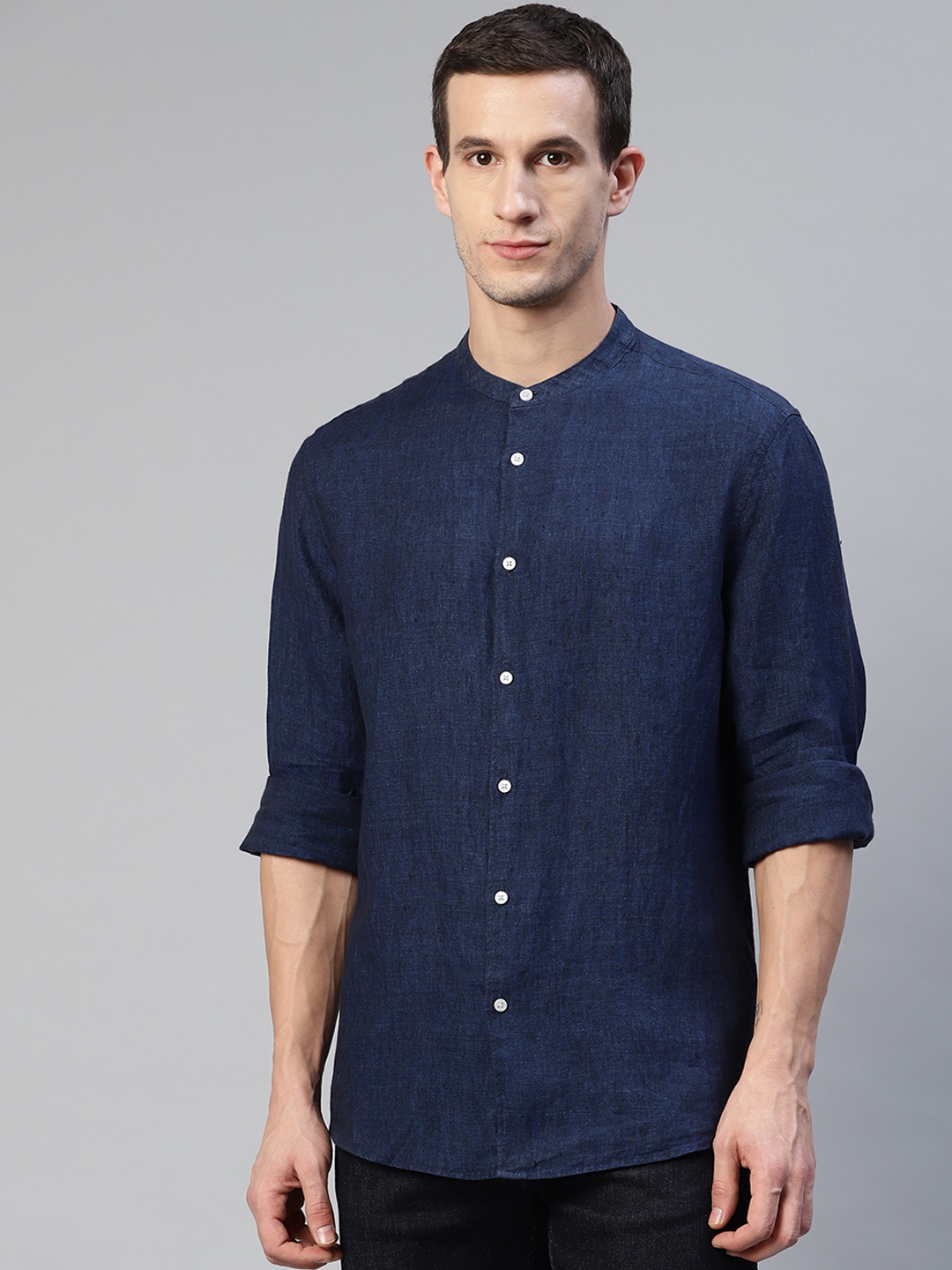 

Marks & Spencer Men Navy Blue Solid Linen Casual Shirt
