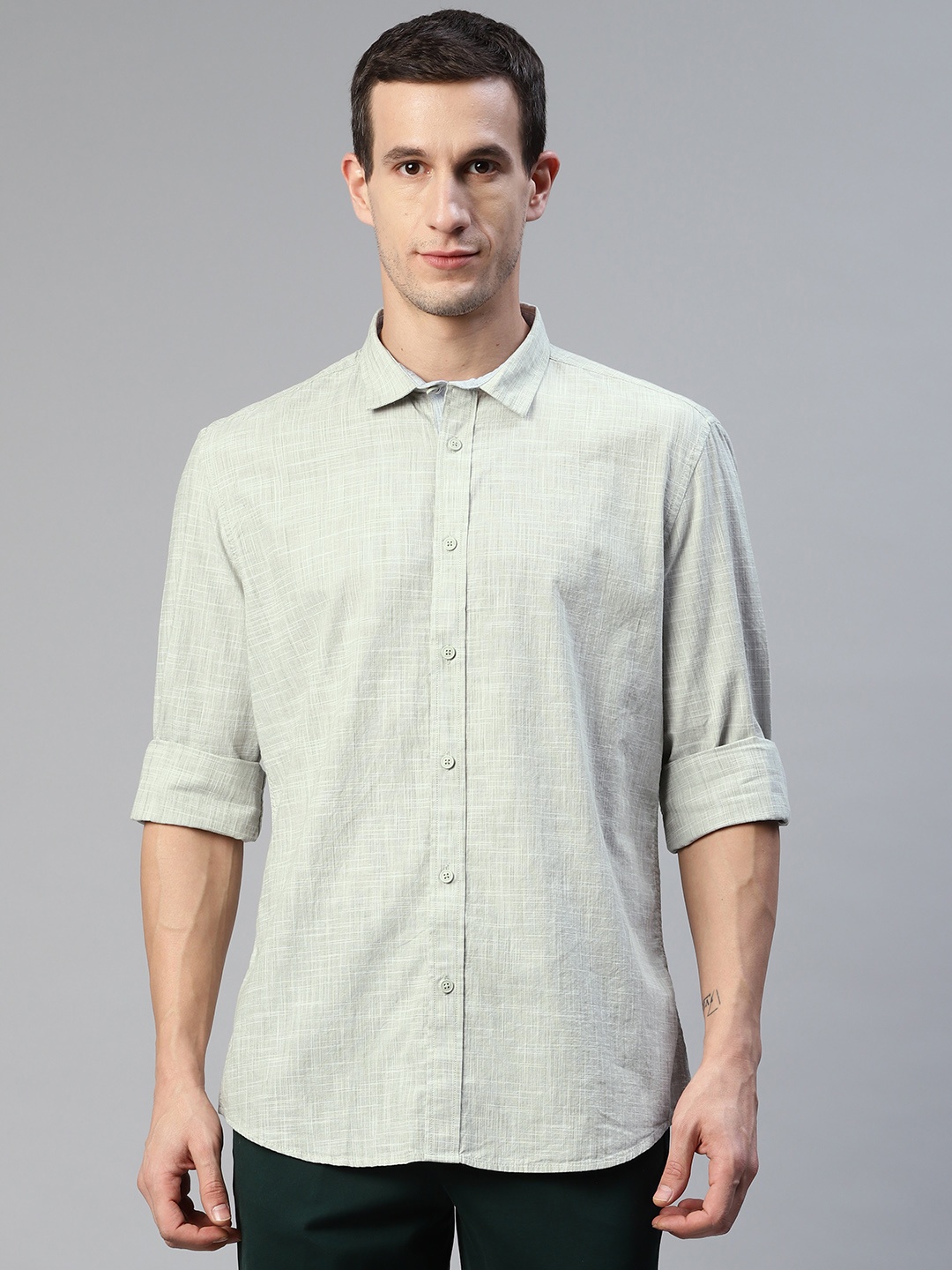 

Marks & Spencer Men Olive Green Solid Cotton Shirt