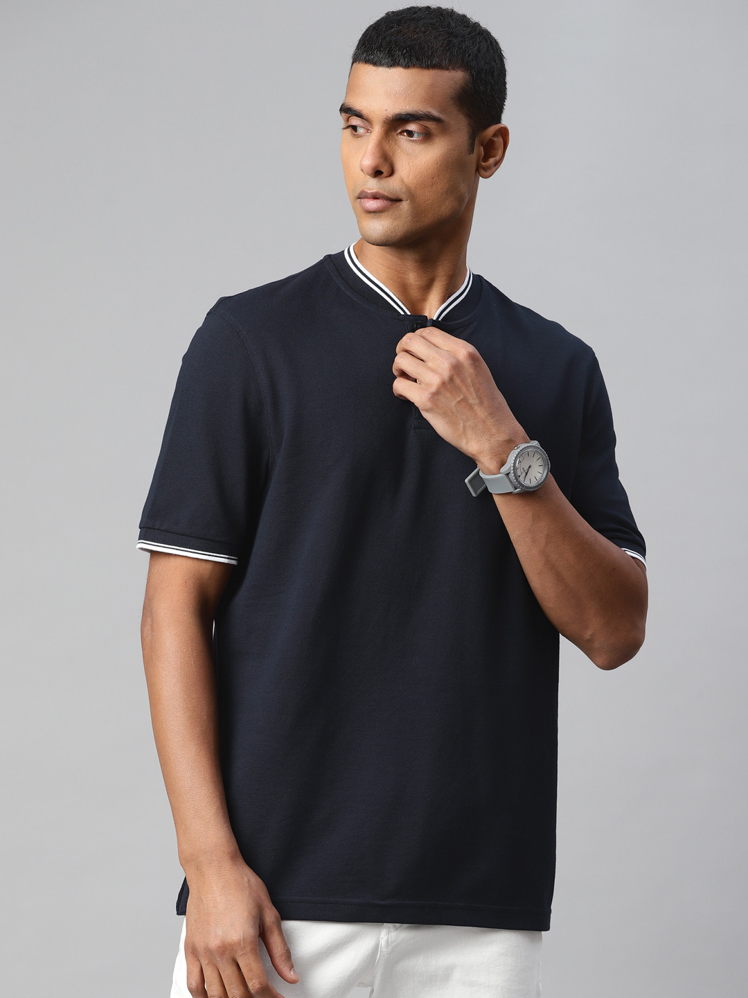 

Marks & Spencer Men Navy Blue Baseball Collar Pure Cotton T-shirt