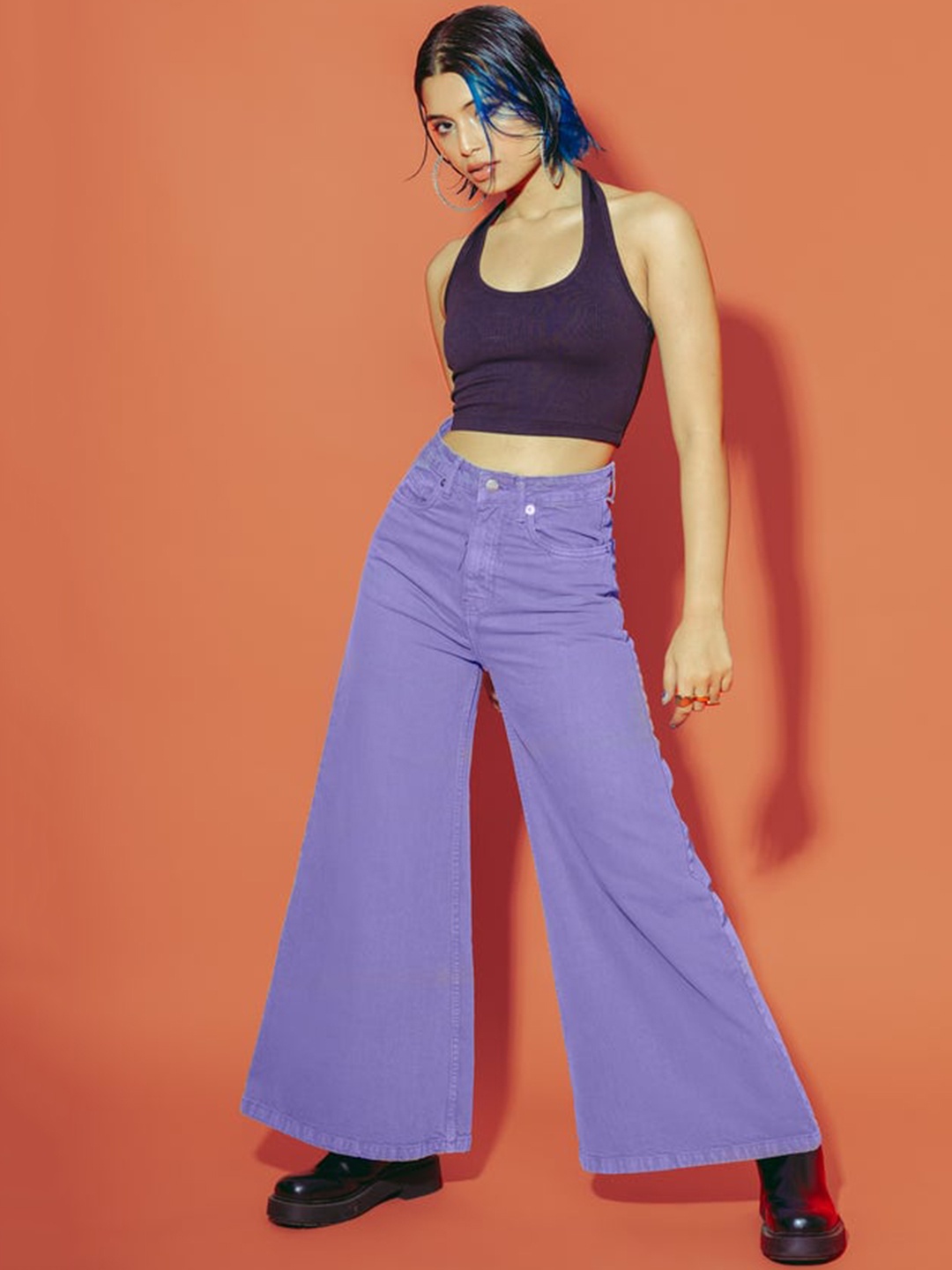 

FREAKINS Women Elegant Lavender High-Rise Flared fit Cropped Jeans