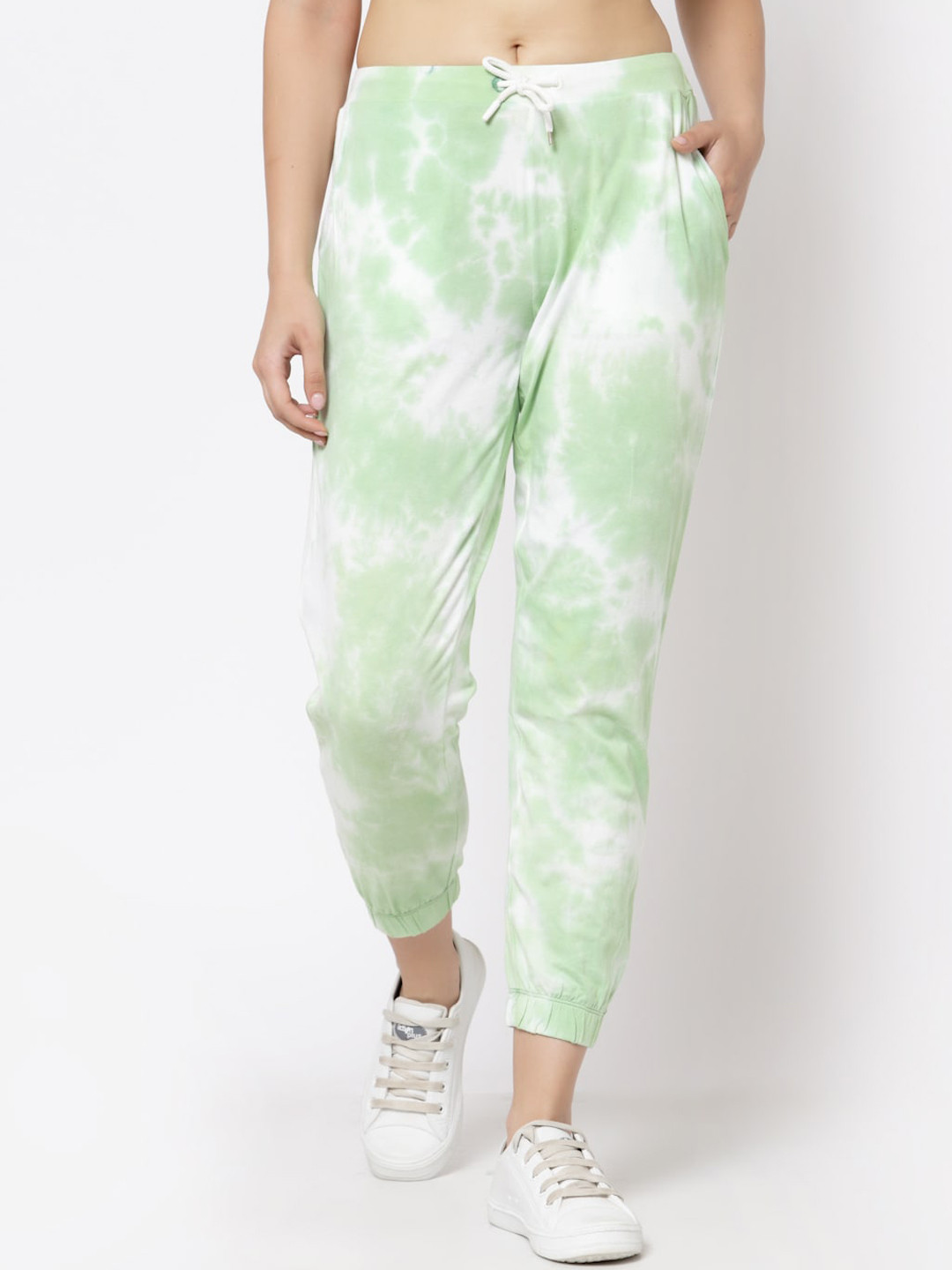 

YOONOY Women White & Green Dyed Regular-Fit Joggers