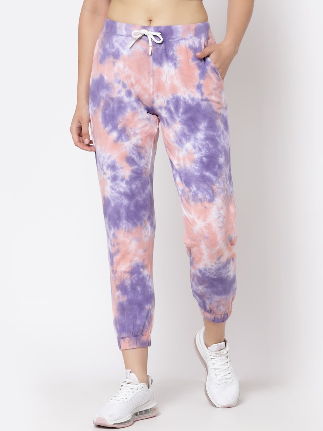 

YOONOY Women White & Purple Tie & Dye Cotton Joggers