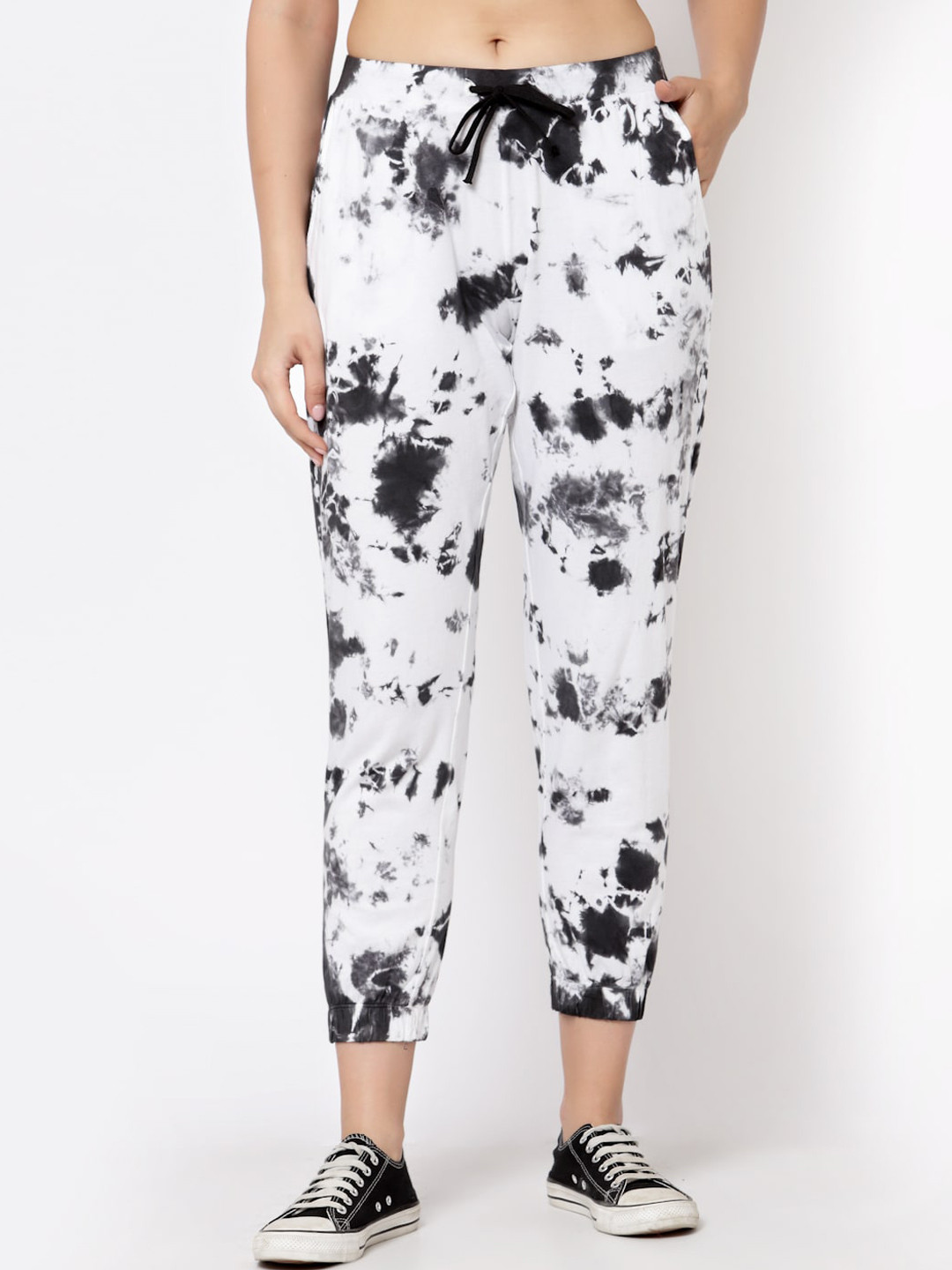 

YOONOY Women White & Black Tie & Dye Printed Cotton Joggers