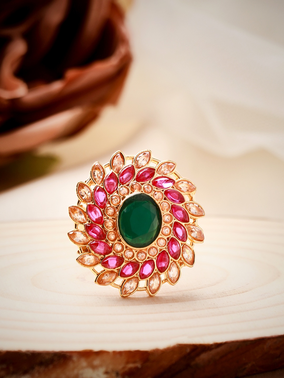 

Rubans Women 22k Gold-Plated Pink & Green Stone Studded Finger Ring