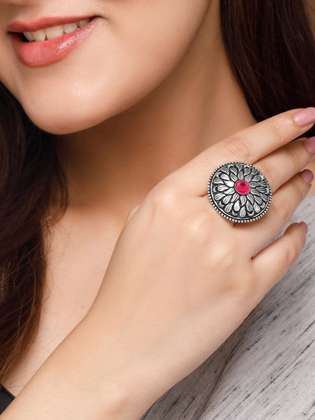 

Rubans Women Oxidised Silver-Plated Red Stone Studded Finger Ring