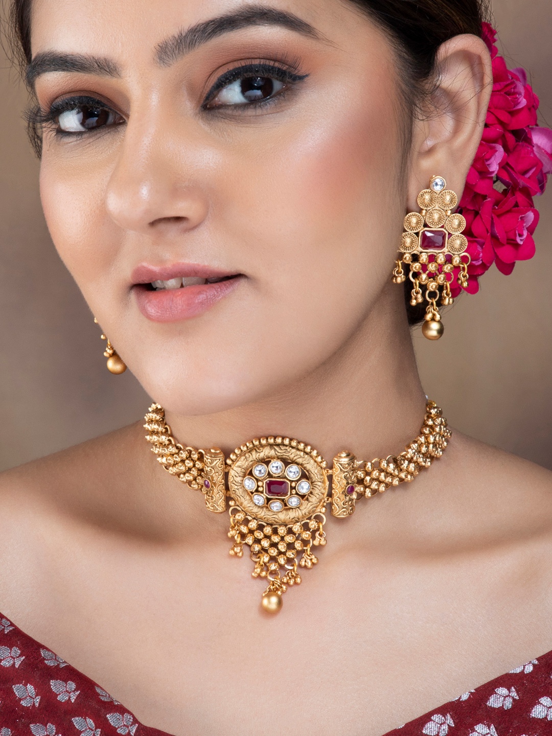 

Rubans 22K Gold Plated Ruby & White Kundan Studded Choker Jewellery Set with Golden Beads