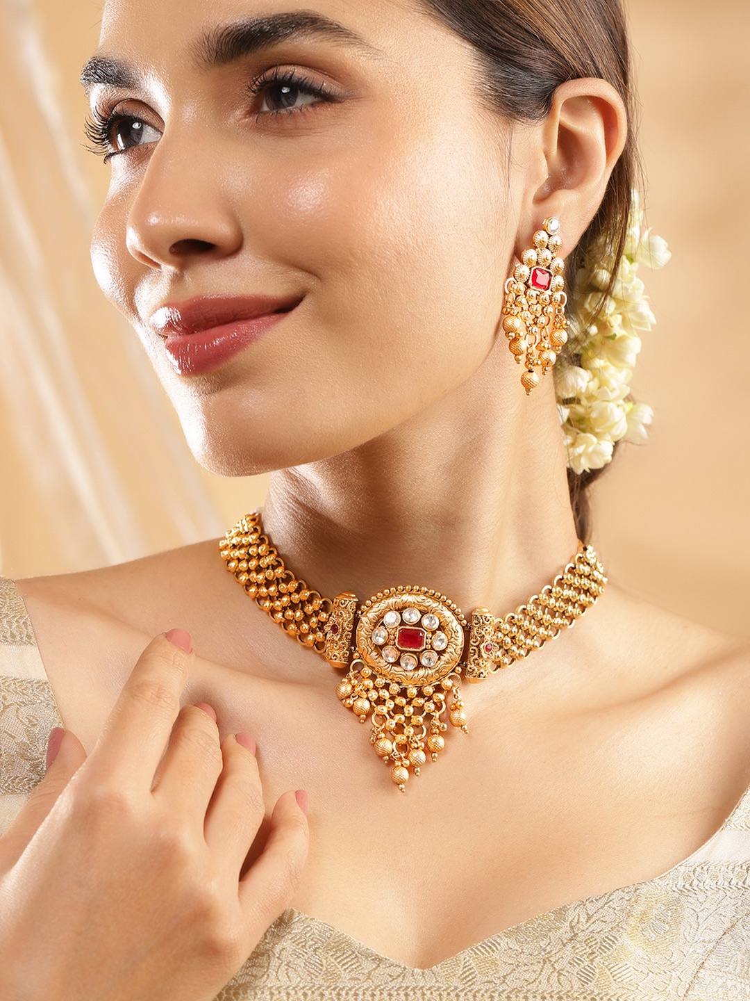 

Rubans 22K Gold Plated Ruby & White Kundan Studded Choker Jewellery Set with Golden Beads