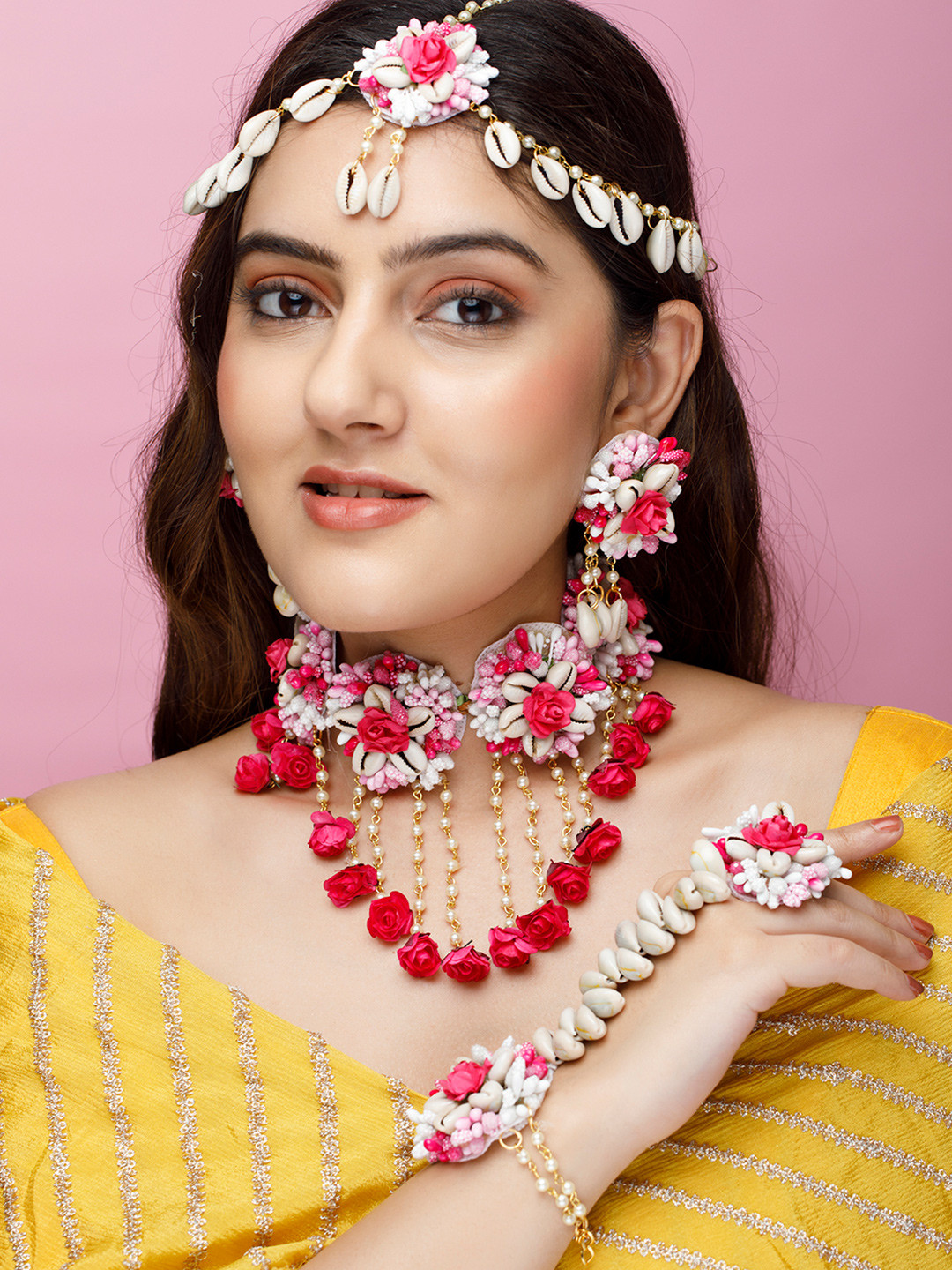 

Rubans Gold-Plated Pink & White Floral Handcrafted Jewellery Set