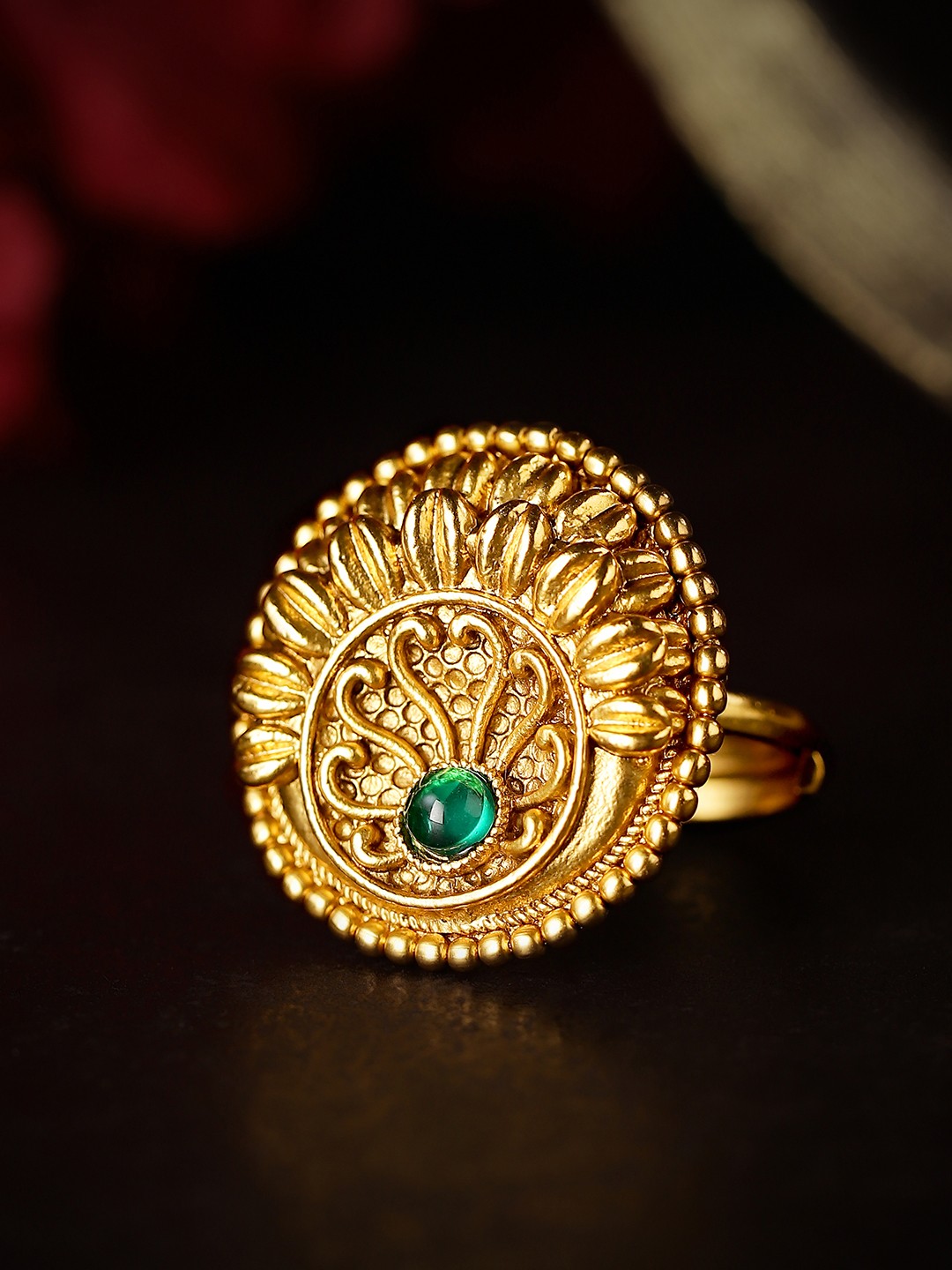 

Rubans Gold-Plated & Green Stone-Studded Finger Ring