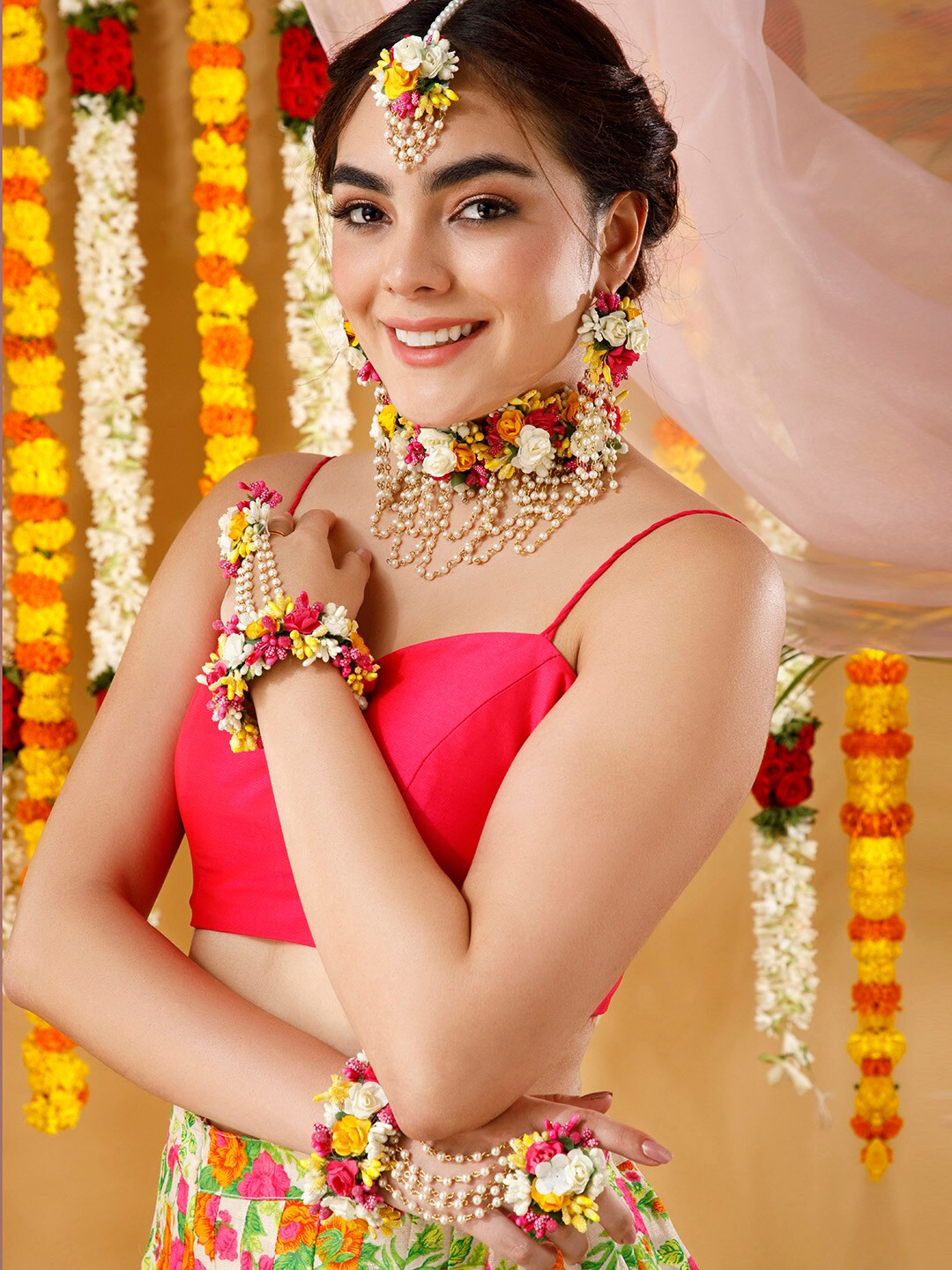 

Rubans Women Gold-Plated Pink and Yellow Floral Jewelry Set