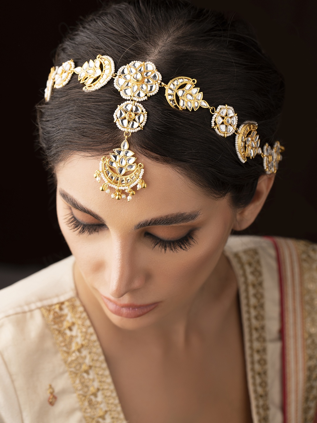 

Rubans 22K Gold-Plated White Kundan Studded Matha Patti