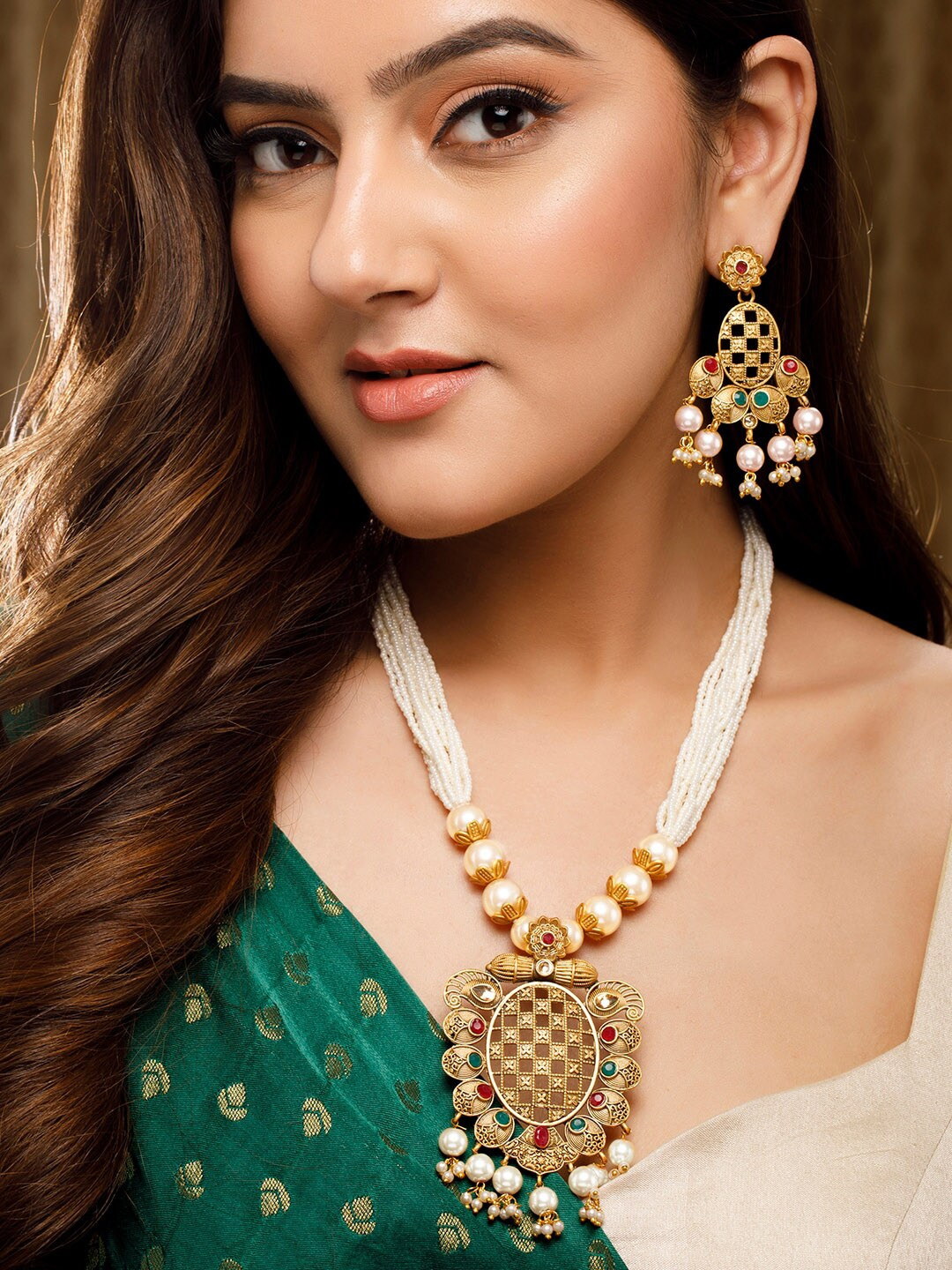 

Rubans 24K Gold-Plated Pink & White Studded & Beaded Handcrafted Jewellery Set