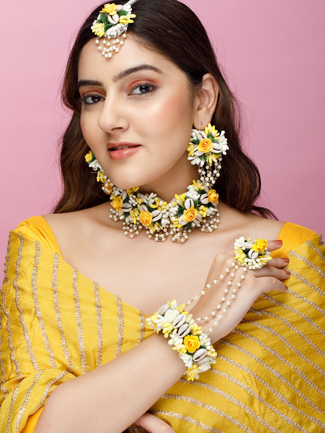 

Rubans Yellow & Green Gold-plated Floral Jewellery Set with Maang Tika