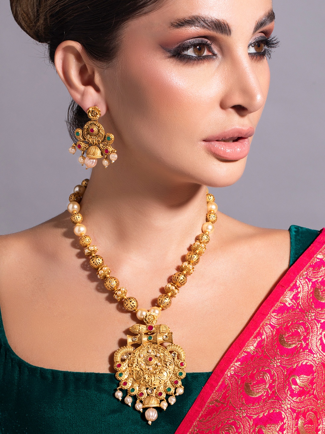 

Rubans 24K Gold Plated Ruby & Emerald Stones and Pearl & Golden Beads Temple Jewelry Set, Pink